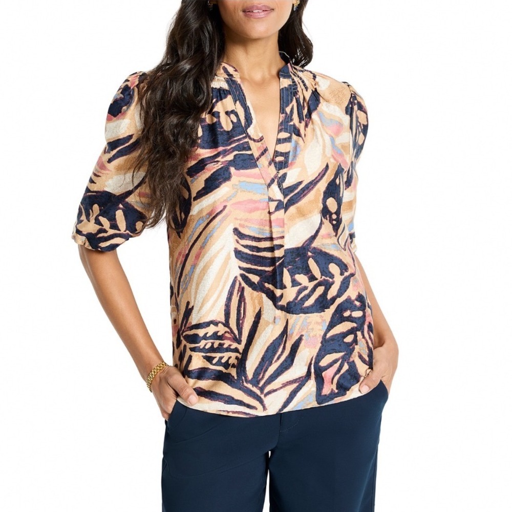 NIC+ZOE Terracotta Garden Peasant Top Neutral Multi Cotton Blouse XS M251622